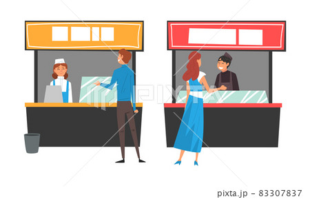 People Character Ordering and Buying Meal at Food Court in Shopping Mall Vector Set People Character Ordering and Buying Meal at Food Court in Shopping Mall Vector Set 83307837