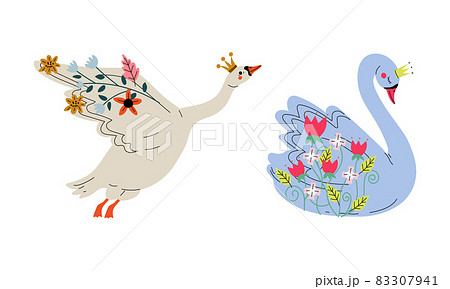 Beautiful Swan Princess with Golden Crown and Flower Decoration Vector Set 83307941