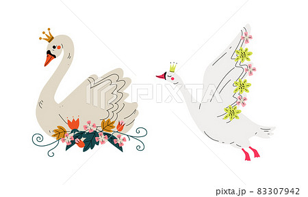 Beautiful Swan Princess with Golden Crown and Flower Decoration Vector Set 83307942