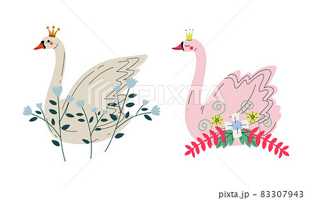 Beautiful Swan Princess with Golden Crown and Flower Decoration Vector Set 83307943