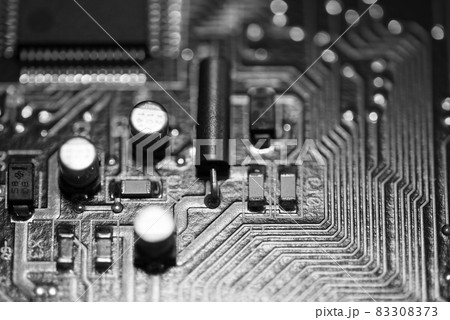 oktober 2021. Close up of the different circuits on a computer mother board. oktober 2021. Close up of the different circuits on a computer mother board. 83308373