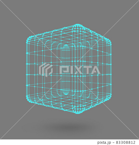 Cube of lines and dots. Cube of the lines connected to points. Molecular lattice. The structural grid of polygons. Black background. The facility is located on a black studio background. 83308812