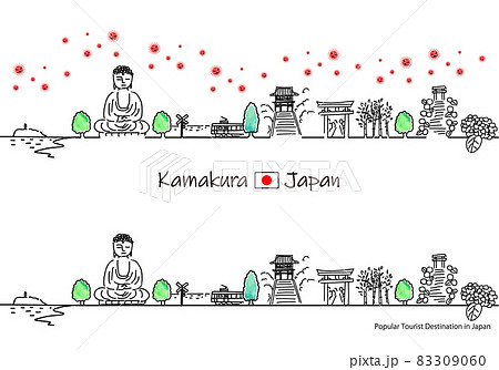鎌倉の観光地の街並みと新型コロナウイルスのシンプル線画セット 83309060