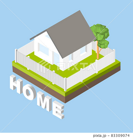 Isometric 3D icon. Pictograms house with a white fence and trees. Vector illustration eps 10 Isometric 3D icon. Pictograms house with a white fence and trees. Vector illustration eps 10 83309074