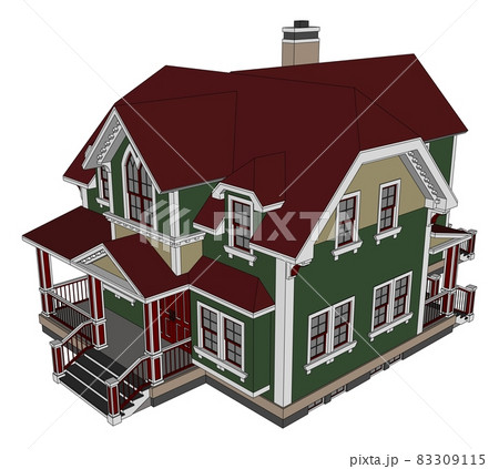 Old house in Victorian style. Illustration on white background. Species from different sides. 83309115