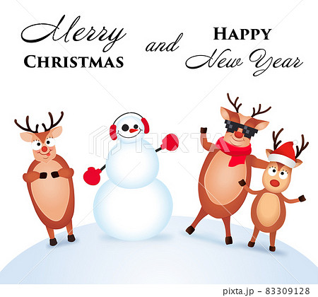 Christmas Reindeer. Cute and funny character Deer and Snowman. Christmas card. Vector illustration. Christmas Reindeer. Cute and funny character Deer and Snowman. Christmas card. Vector illustration. 83309128