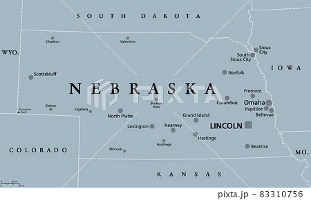 Nebraska, NE, gray political map with the capital Lincoln and largest city Omaha. Triply landlocked State in the Midwestern subregion of the United States of America nicknamed Cornhusker State. Vector 83310756