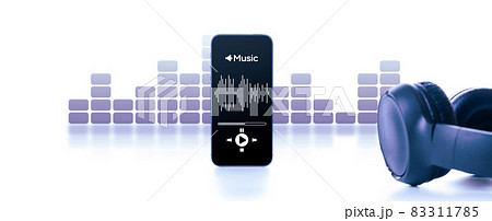 Music audio equipment. Audio beats, sound headphones, music application on mobile smartphone screen. Recording sound voice isolated on white background. Live online radio player mockup banner. Music audio equipment. Audio beats, sound headphones, music application on mobile smartphone screen. Recording sound voice isolated on white background. Live online radio player mockup banner. 83311785
