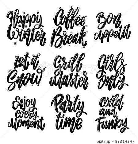 Set of the different lettering phrases. Happy winter, coffee break, party time,let it snow. Set of the different lettering phrases. Happy winter, coffee break, party time,let it snow. 83314347