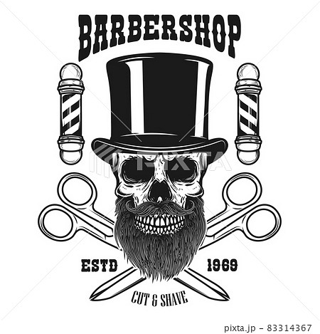 Barbershop emblem template. Bearded skull in vintage hat and scissors. Design element for poster, card, emblem, banner, logo. Vector illustration 83314367