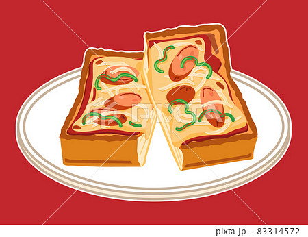 ソーセージとピーマンと玉ねぎのピザトースト（白フチあり）のイラスト
