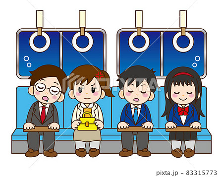 夜の電車に乗る疲れた人々のイラスト素材