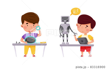 Smiling Little Boy at Table Engineering and Configurating Robot Vector Set Smiling Little Boy at Table Engineering and Configurating Robot Vector Set 83316900