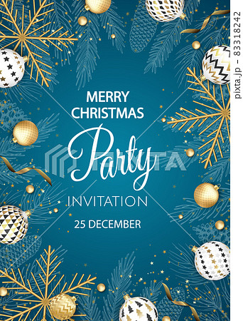 Christmas party invitation with balls and gold snowflakes Christmas party invitation with balls and gold snowflakes 83318242