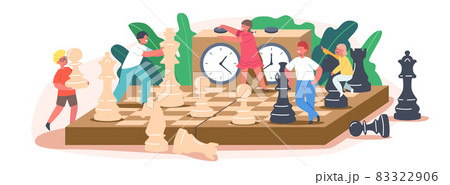 Kids Playing Chess in Club, Little Children with Huge Figures on Chessboard Enjoying Logic Activities and Game 83322906