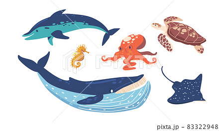 Set Sea Animals Octopus, Ocean Slope or Crab and Turtle with Dolphin, Whale and Sea Horse Isolated on White Background 83322948