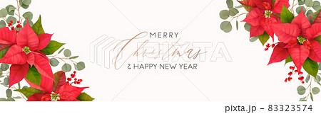 Merry Christmas and Happy New Year header for website. Xmas realistic Poinsettia flower vector banner 83323574