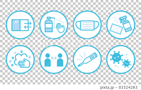 冠狀病毒感染預防圖標集藍色淺藍色感染控制實現 冠狀病毒感染預防圖標集藍色淺藍色感染控制實現 83324263