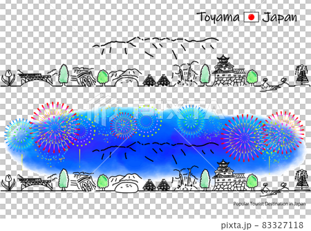 富山県の観光地の街並みと花火のシンプル線画セット 83327118