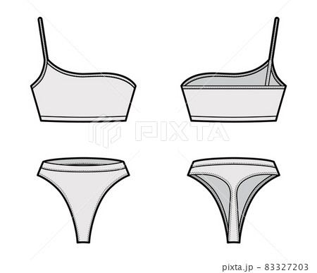 Set of lingerie - One shoulder bra and high waist Thongs panties technical fashion illustration. Flat brassiere knickers Set of lingerie - One shoulder bra and high waist Thongs panties technical fashion illustration. Flat brassiere knickers 83327203