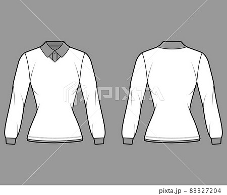 Shirt double collar technical fashion illustration with long sleeves, tunic length, fitted body, flat classic collar 83327204