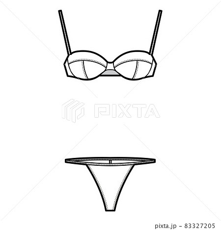 Set of lingerie - balconette bra and T-back string panties technical fashion illustration with hook-and-eye closure 83327205