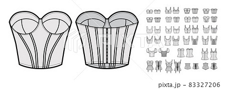 Set of corsets Bustier longline bra lingerie technical fashion illustration with molded cup, bones, crop hip length 83327206