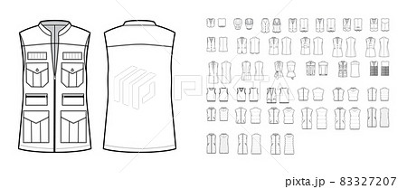 Set of vests waistcoat technical fashion illustration with sleeveless, pockets, fitted oversized body. Flat casual top Set of vests waistcoat technical fashion illustration with sleeveless, pockets, fitted oversized body. Flat casual top 83327207