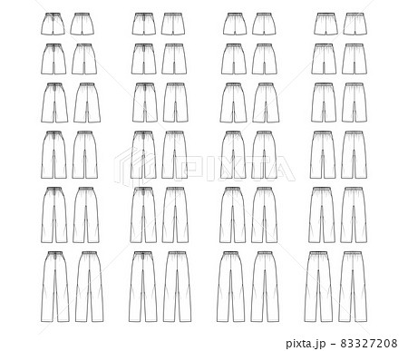 Set of Pants, shorts Pull-On Sport training technical fashion illustration with drawstrings, mini midi knee full ankle Set of Pants, shorts Pull-On Sport training technical fashion illustration with drawstrings, mini midi knee full ankle 83327208