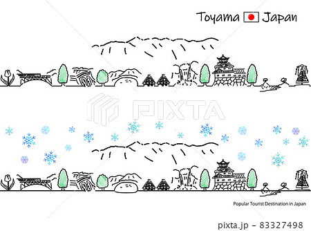 冬の富山県の観光地の街並みのシンプル線画セット 冬の富山県の観光地の街並みのシンプル線画セット 83327498