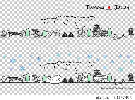 冬の富山県の観光地の街並みのシンプル線画セット 冬の富山県の観光地の街並みのシンプル線画セット 83327498