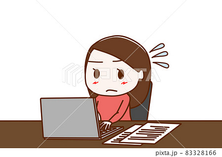 座ってパソコンで書類作成に追われ焦っている女性のイラスト素材 座ってパソコンで書類作成に追われ焦っている女性のイラスト素材