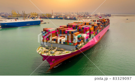 Container cargo ship and Car carrier ship in import export business commercial trade logistic and transportation, Car and Container cargo freight shipping. 83329097