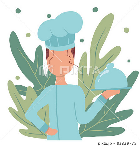 Vector hand drawn illustration of a girl chef. The girl chef holds a ready-made dish in her hand. The illustration is suitable for advertising banners. 83329775