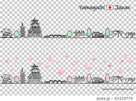 春の山口県の観光地の街並みのシンプル線画セット 83329779