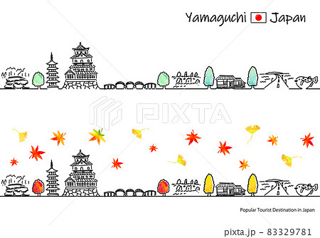 秋の山口県の観光地の街並みのシンプル線画セット