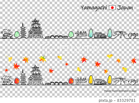 Simple line drawing set of cityscape of sightseeing spots in Yamaguchi prefecture in autumn 83329781