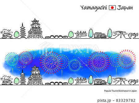 山口県の観光地の街並みと花火のシンプル線画セット