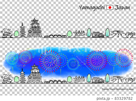 山口県の観光地の街並みと花火のシンプル線画セット 山口県の観光地の街並みと花火のシンプル線画セット 83329782