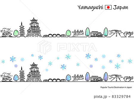 冬の山口県の観光地の街並みのシンプル線画セットのイラスト素材