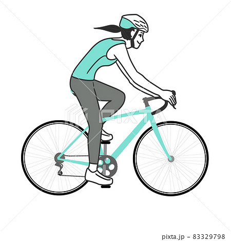 ドロップハンドルのロードバイクに乗る髪の長い若い女性のシンプルな線画のイラスト素材