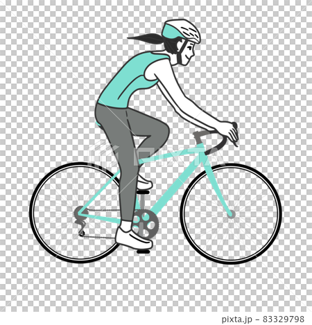 ドロップハンドルのロードバイクに乗る髪の長い若い女性のシンプルな線画 83329798