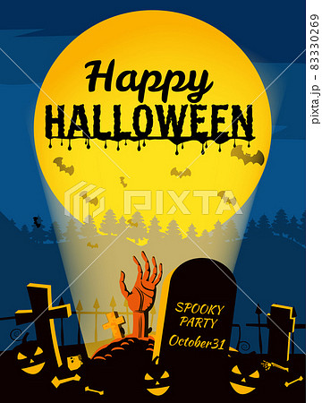 Happy Halloween poster, night cemetery, zombie hand crawls out against, background of the full moon . Vector illustration cartoon style banner 83330269