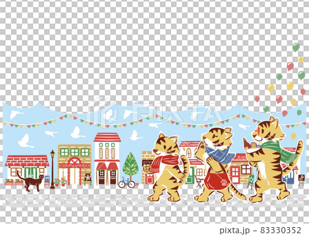 2022年　寅年　にぎやかな街並みをショッピングで歩く虎の家族 83330352