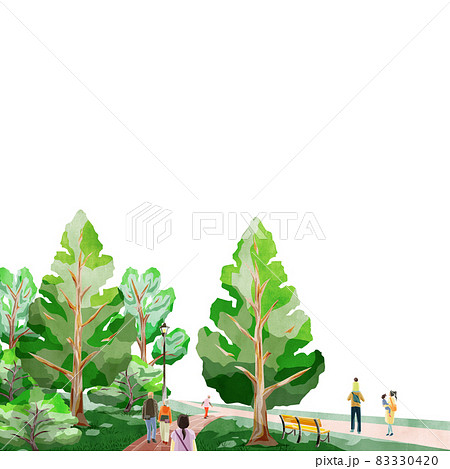 木々の多い自然公園の風景手書き水彩風イラストのイラスト素材 3304