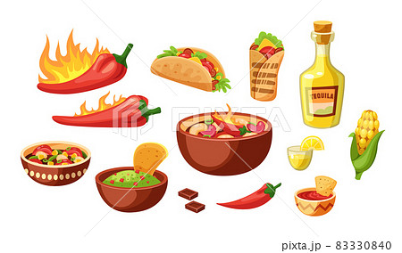 Traditional Mexican cuisine food set. National Mexico dish with meat, hot peppers with burn flame, spices, tacos, tequila. Gourmet fresh serving meal, icons carnival Cinco de mayo 83330840
