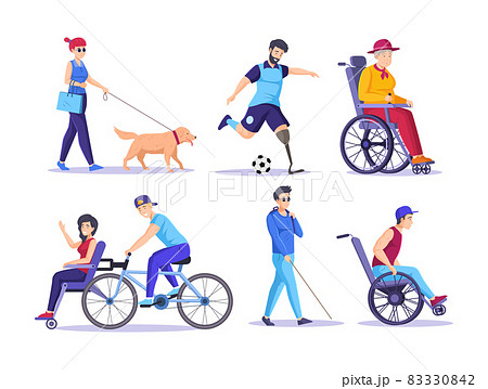 Collection of elderly and young disabled people. Blind, amputated legs, paralyzed limbs flat vector Collection of elderly and young disabled people. Blind, amputated legs, paralyzed limbs flat vector 83330842