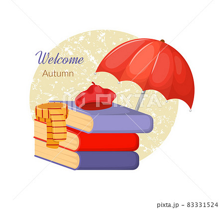 Umbrella with books, hat and scarf on a light background. 83331524