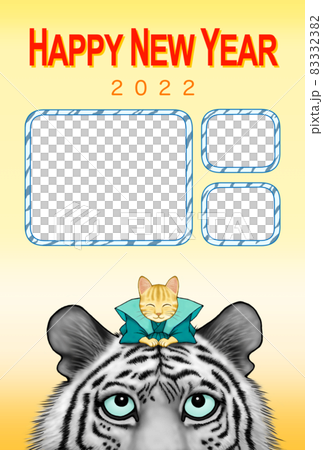 2022年老虎新年賀卡豎位貓招呼相框白虎英文 2022年老虎新年賀卡豎位貓招呼相框白虎英文 83332382
