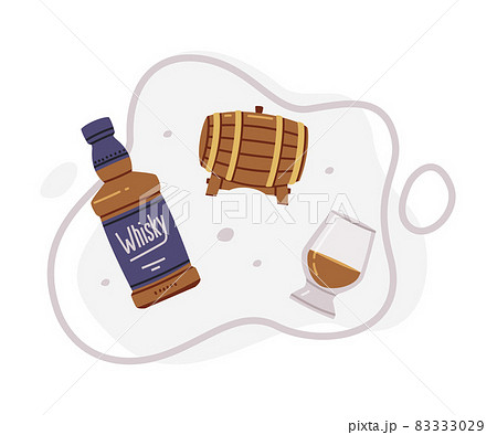 Whiskey Drink in Glass Bottle and Wooden Barrel Vector Composition 83333029